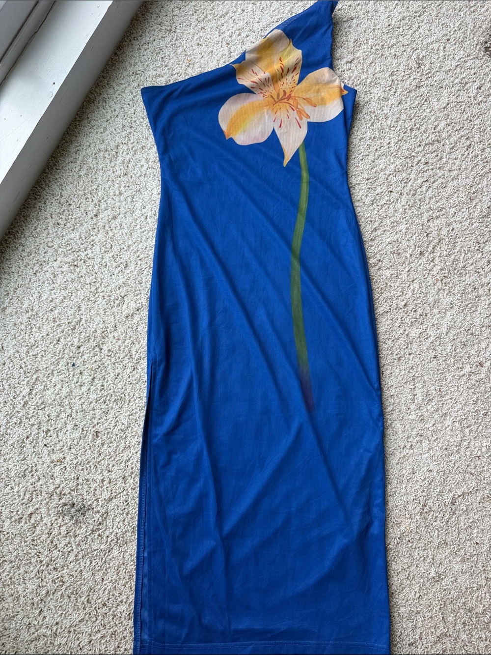 Cupshe Royal Blue One-Shoulder Maxi Dress with Yellow Floral Print